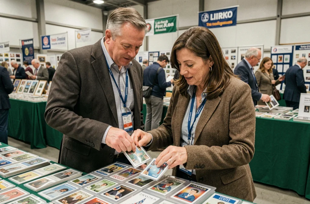 Deux collectionneurs parcourant des séries de cartes téléphoniques françaises lors d'une foire de collections