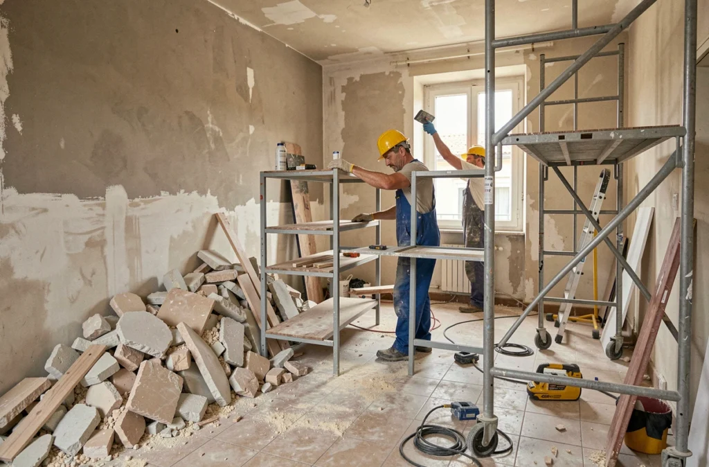 Ouvrier réalisant simultanément un débarras et des travaux de rénovation dans un appartement marseillais