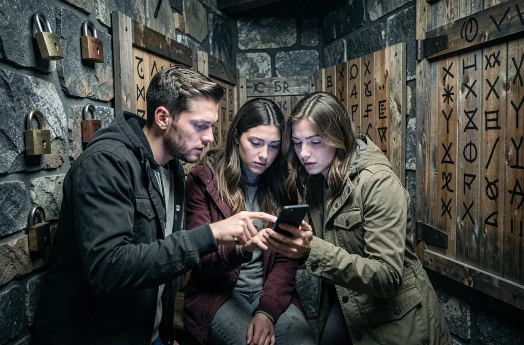 Groupe de joueurs consultant une solution sur smartphone dans une salle d'escape game thématique