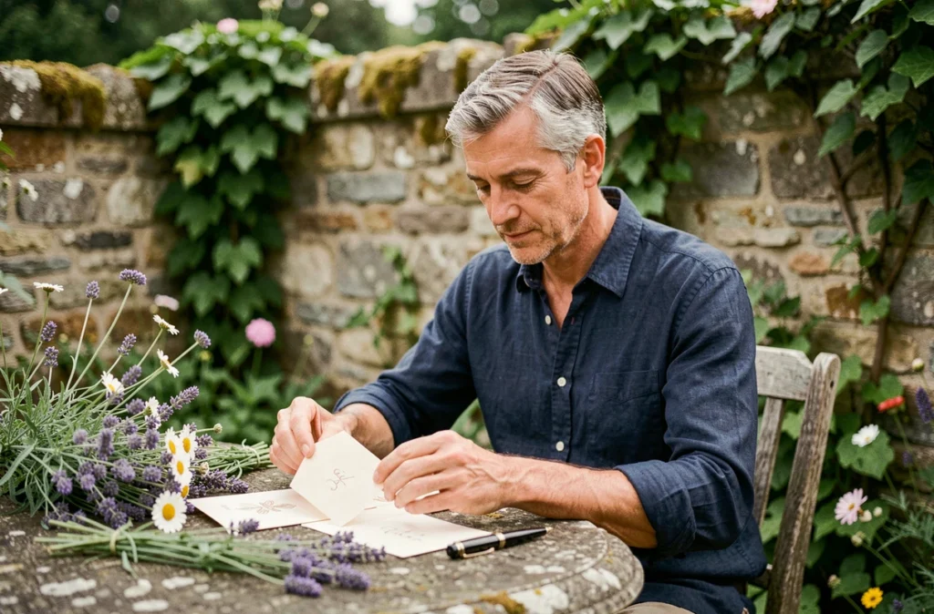 Homme arrangeant des cartes de vœux manuscrites avec des fleurs sauvages et de la lavande sur une table en pierre dans un jardin verdoyant