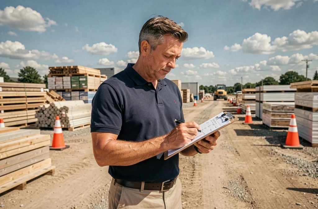 Homme méthodique consultant un presse-papiers sur un chantier illustrant le profil MBTI ESTJ organisé