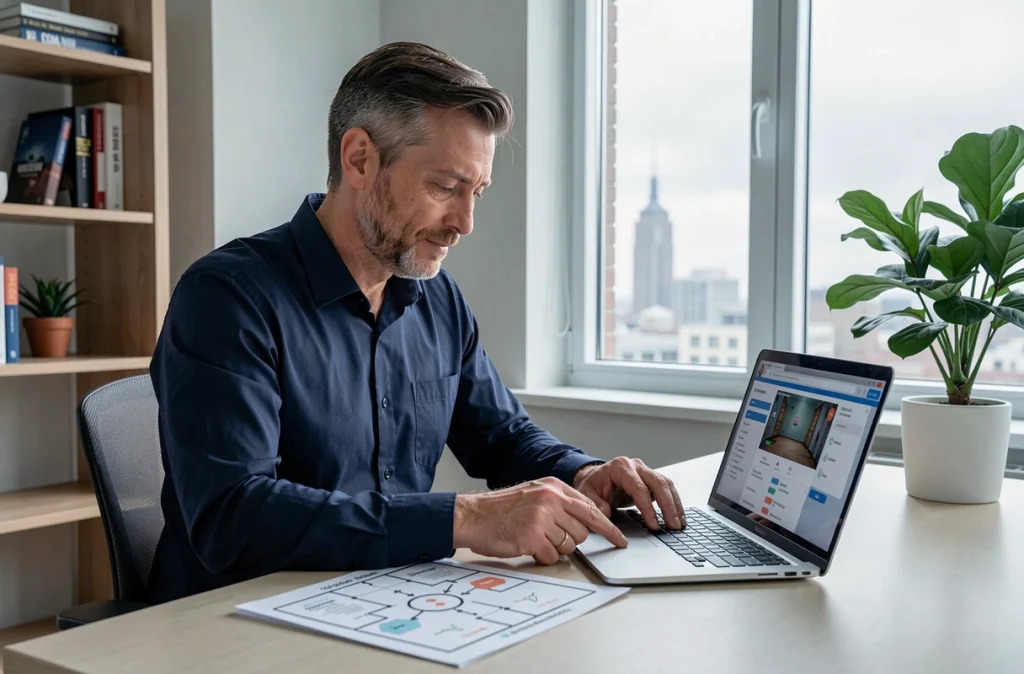 Homme adulte consultant un guide de solution imprimé pour un escape room en ligne à son bureau