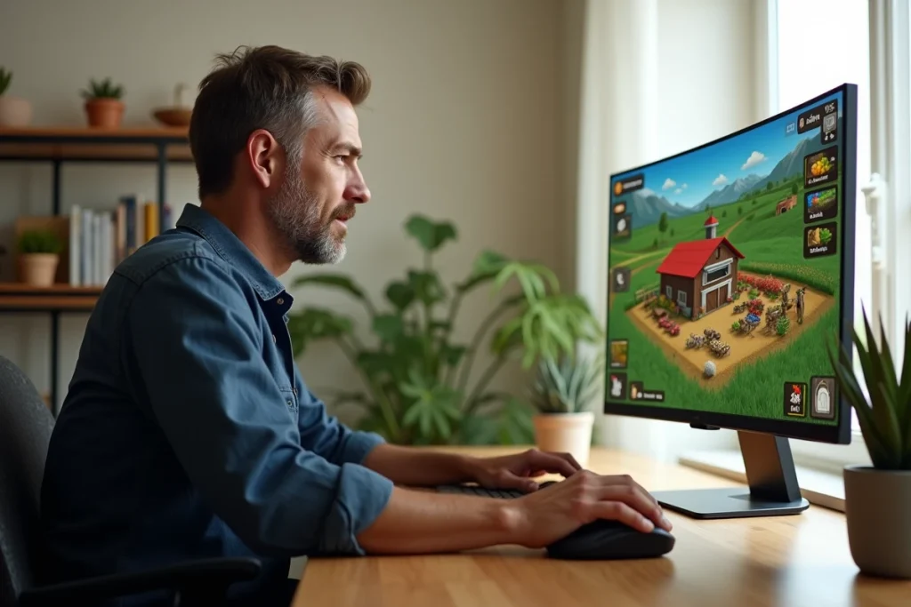 Homme adulte analysant la progression de sa ferme Hay Day sur un grand écran d'ordinateur dans un bureau à domicile