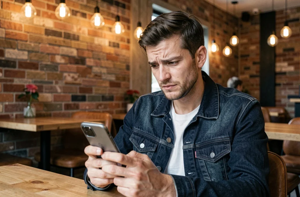 Homme lisant des avis d'utilisateurs sur son smartphone dans un café moderne avec murs en briques apparentes