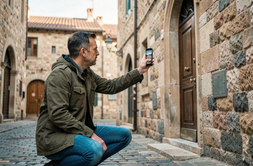 Homme photographiant une facade historique avec un smartphone Samsung dans une rue pavée européenne