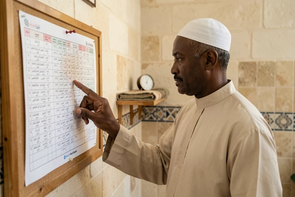 Homme consultant les horaires de prière dans une mosquée de Mantes-la-Jolie