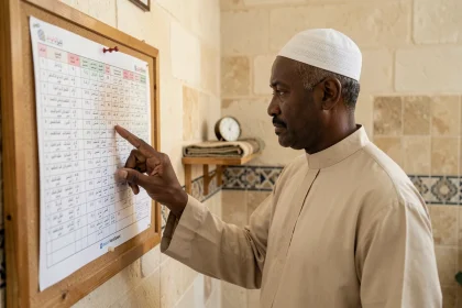 Homme consultant les horaires de prière dans une mosquée de Mantes-la-Jolie