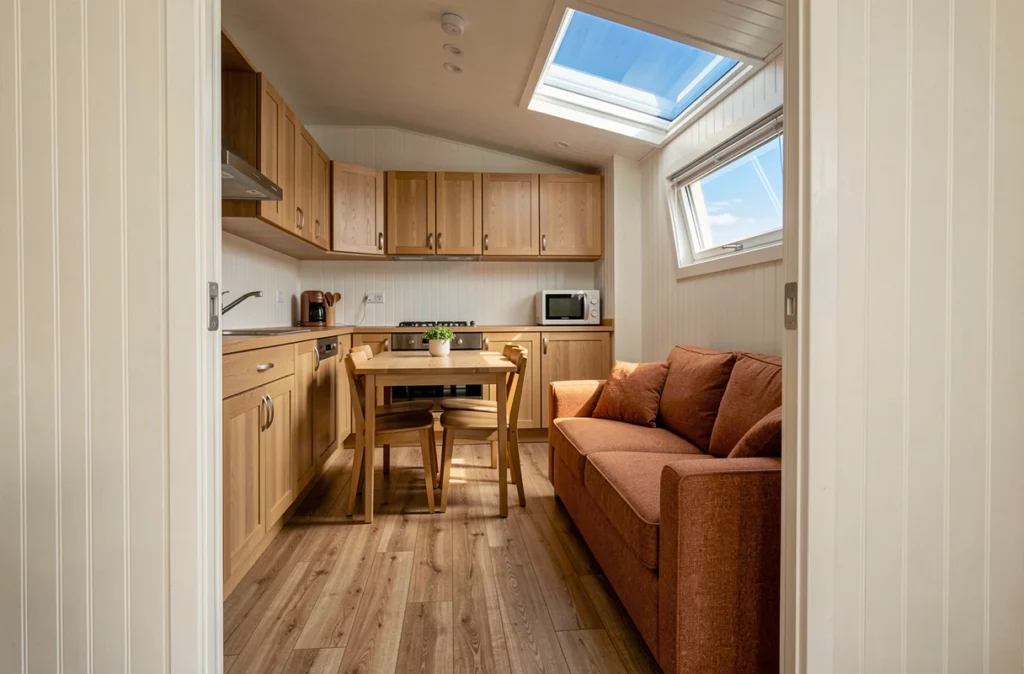 Intérieur d'un mobil-home français avec cuisine équipée, salon et finitions bois de qualité