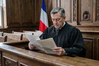 Juge en robe noire examinant un document juridique dans une salle d'audience française, décision de justice débouté