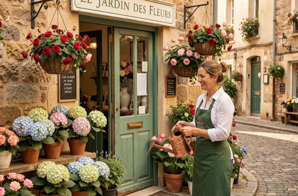 Entrée fleurie du Jardin des Fleurs avec des hortensias et rosiers encadrant une porte en bois peinte