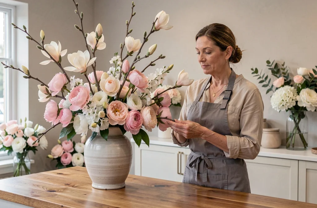 Le Jardin des Magnolias avec une composition florale de magnolias et pivoines dans un grand vase en céramique
