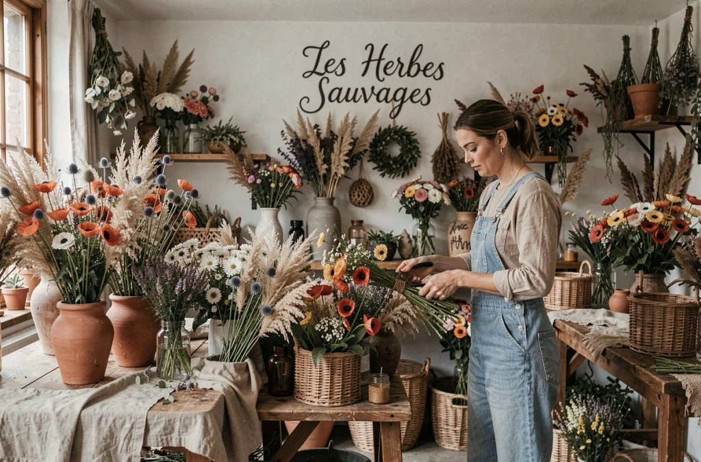 Boutique Les Herbes Sauvages avec des arrangements botaniques sauvages en pots de terre cuite et paniers en osier