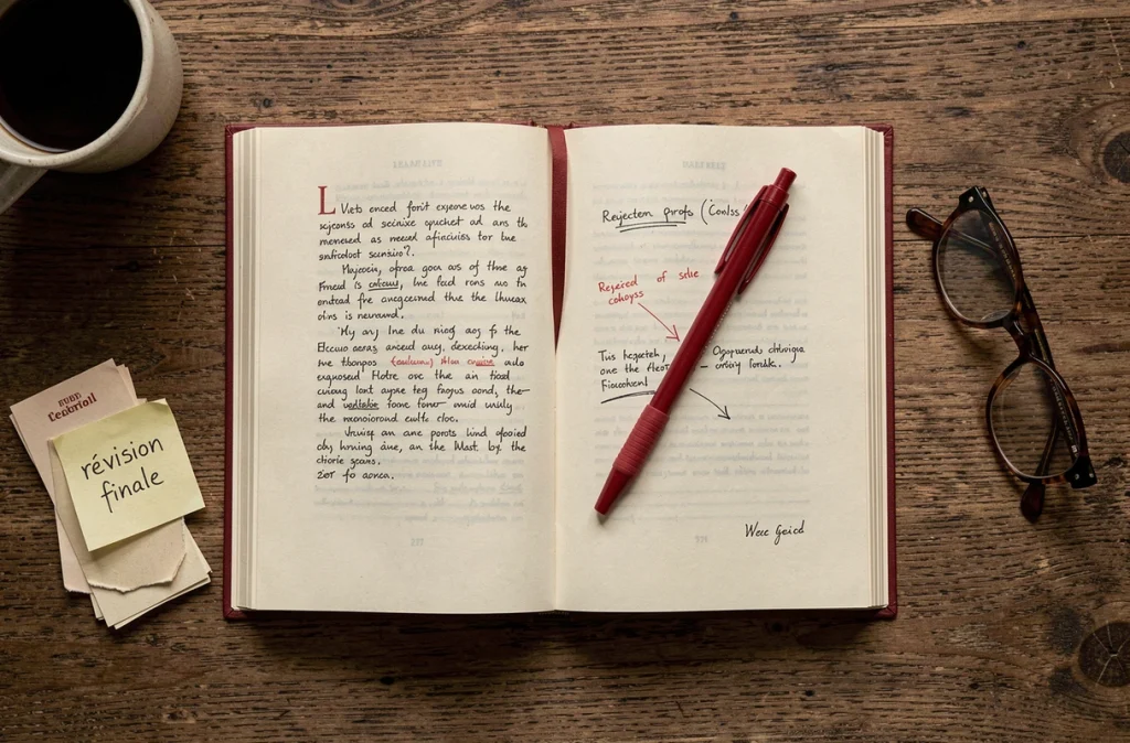 Vue à plat d'un livre broché auto-édité annoté avec des corrections éditoriales sur un bureau en bois