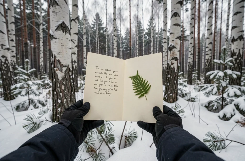 Mains gantées tenant une carte de vœux ouverte avec citation dans une forêt de bouleaux enneigée en hiver