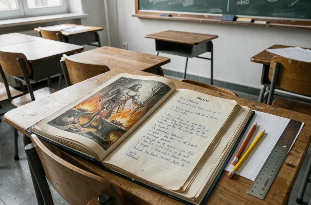 Manuel scolaire illustré de mythologie grecque et romaine ouvert sur Vulcain dieu de la forge sur un bureau d'élève