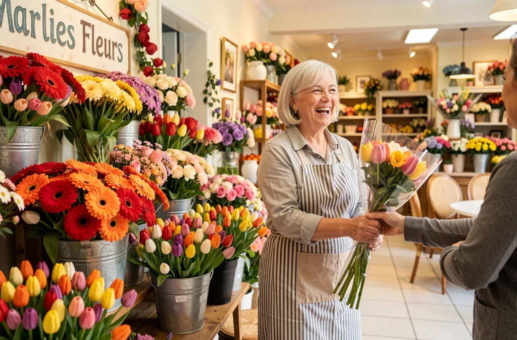 Fleuriste Marlies Fleurs remettant un bouquet à une cliente dans une boutique colorée avec des gerberas et tulipes