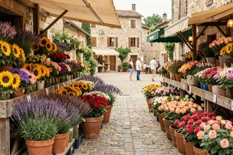 Marché aux fleurs coloré dans le Gard avec des bouquets variés sur des étals en bois rustiques
