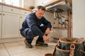 Plombier professionnel intervenant en urgence sous un évier dans une maison des Deux-Sèvres