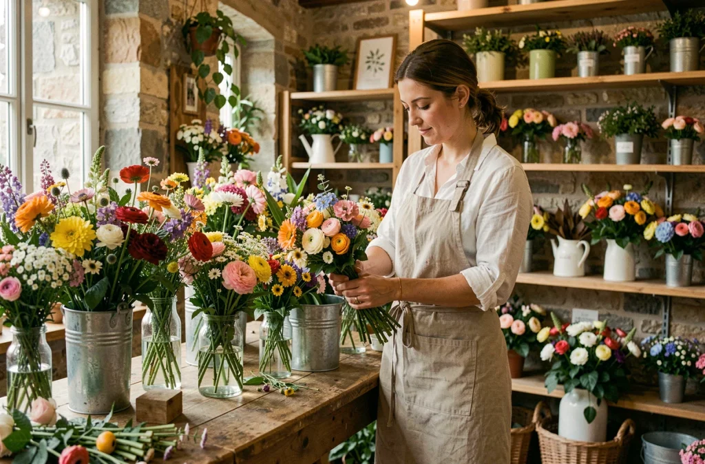 Fleuriste de Mêle-Fleurs arrangeant un bouquet éclectique dans une boutique aux murs en pierre