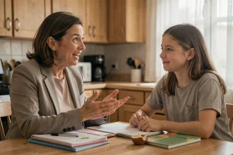 Une mère essayant de parler le langage des jeunes face à une adolescente gênée à la table de cuisine