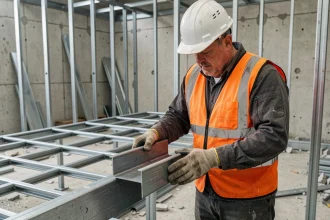 Ouvrier inspectant un profilé en U en acier pour ossature métallique dans un chantier de construction