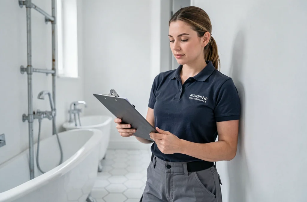 Plombière professionnelle consultant un devis lors d'une rénovation de salle de bain en Lorraine