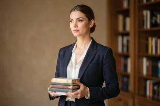 Portrait élégant d'une jeune femme brune en blazer marine tenant des livres, évoquant l'univers d'une actrice engagée et cultivée