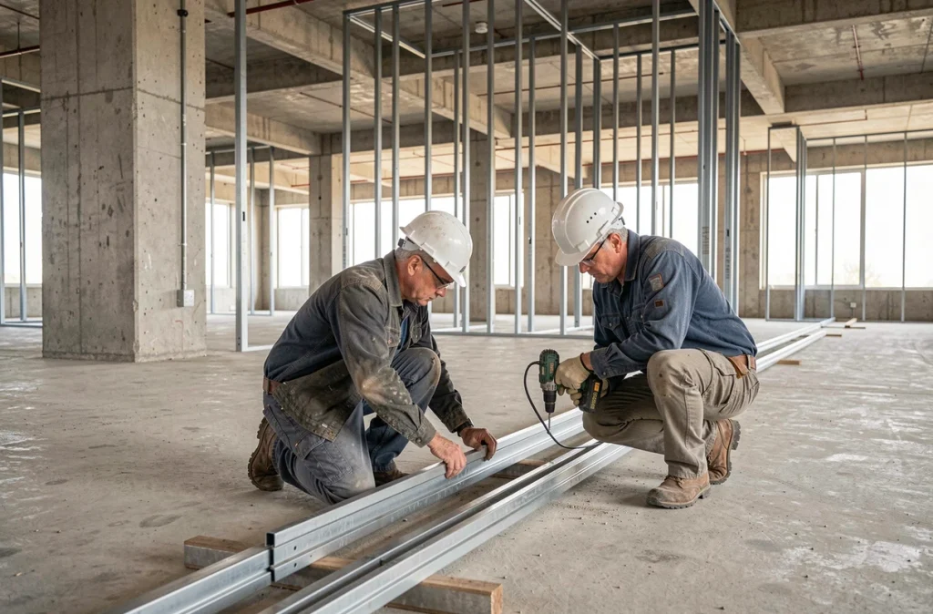 Deux techniciens posant des rails en U en acier au sol pour la structure métallique d'un bâtiment commercial