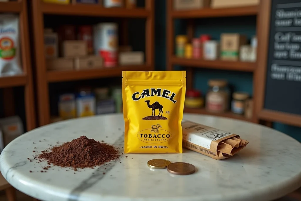 Paquet de tabac à rouler Camel 30g avec pièces euro et papiers à rouler sur comptoir de bureau de tabac