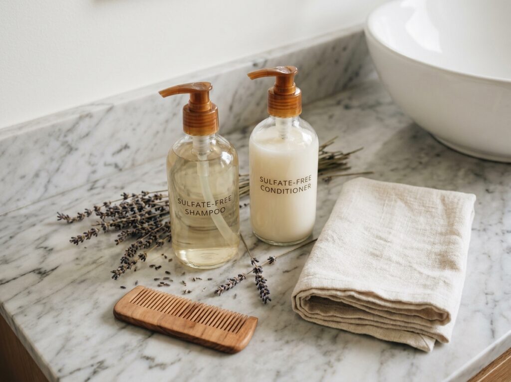 Bouteilles de shampoing sans sulfate sur un comptoir en marbre avec accessoires naturels pour les cheveux