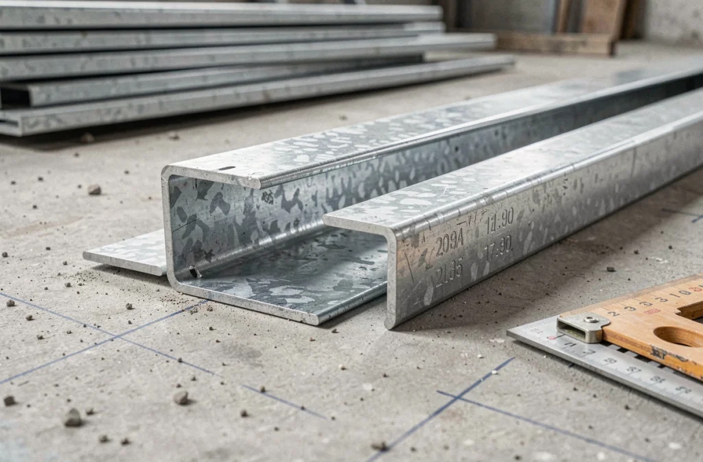 Profilés en U galvanisés pour ossature métallique mesurés sur un sol en béton brut de chantier