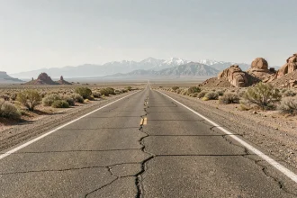 Route désertique du Nevada avec montagnes en arrière-plan, paysage géographique typique de la région