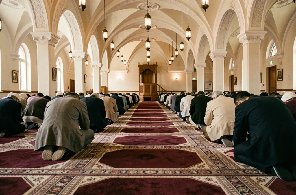 Salle de prière de la mosquée de Ris-Orangis avec fidèles en prière sur des tapis géométriques colorés
