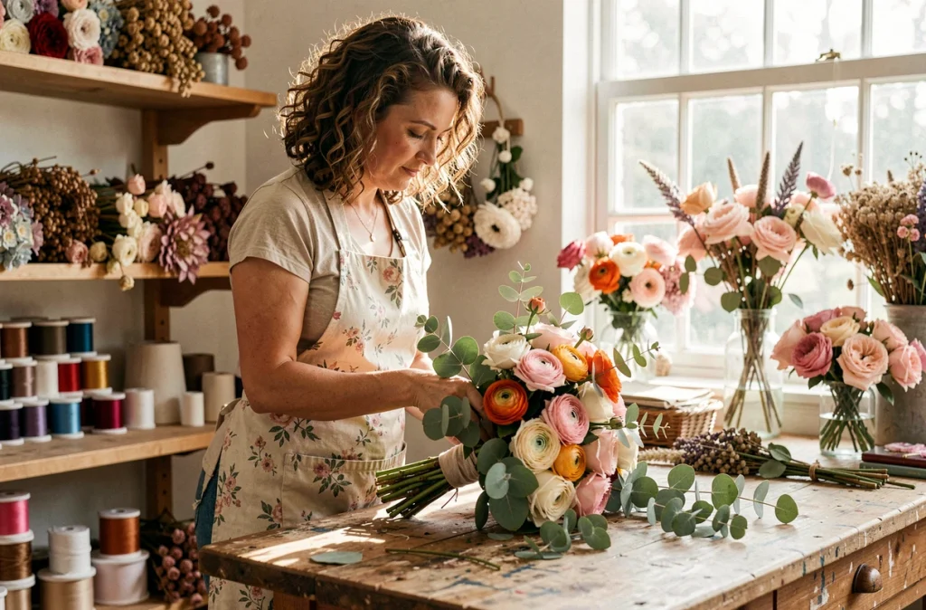 Sophie Donnat composant un bouquet de mariée avec des roses et du ranunculus dans son atelier fleuri