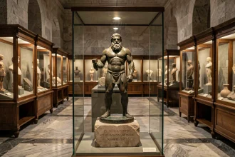 Statuette romaine en bronze de Vulcain dieu de la forge exposée dans un musée archéologique