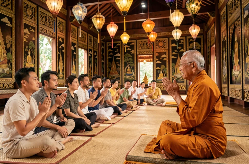Groupe de touristes occidentaux assis en tailleur dans un temple bouddhiste thaïlandais, écoutant les enseignements d'un moine sur les erreurs culturelles à éviter