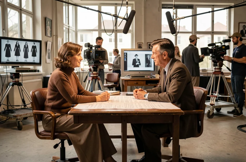 Tournage d'une série télévisée reconstituant une salle de rédaction de mode des années 1970, illustrant l'adaptation de l'histoire de Ruth Finley pour la télévision