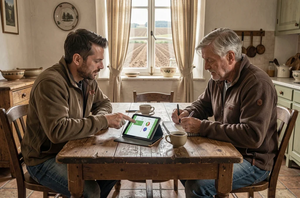 Deux agriculteurs de générations différentes discutant d'un jeu de simulation agricole sur tablette autour d'une table de ferme