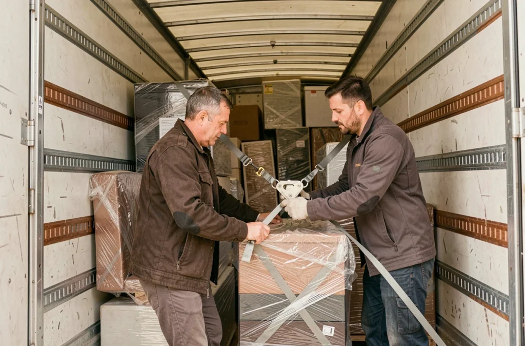 Déménageurs sécurisant du mobilier dans un camion longue distance depuis Marseille
