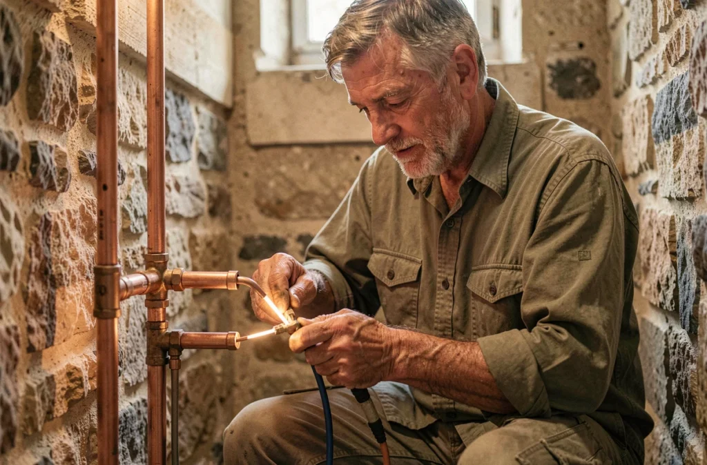 Artisan plombier indépendant Venien Thierry soudant des raccords en cuivre dans une maison rurale