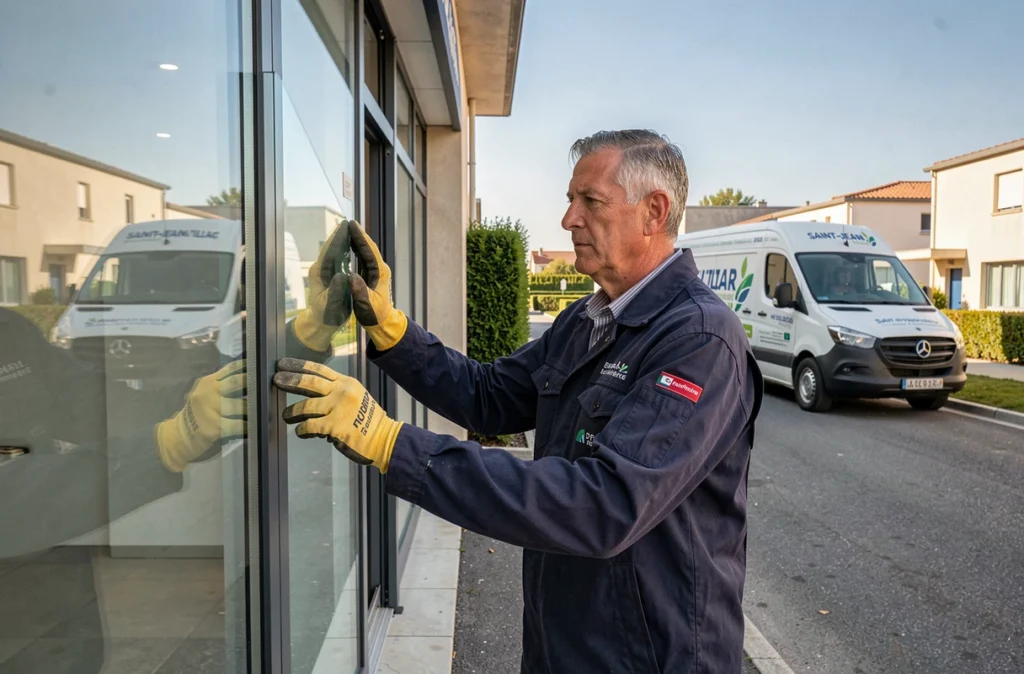Vitrier et miroitier de Verre Solutions Bordeaux M2R installant une vitre à Saint-Jean-d'Illac